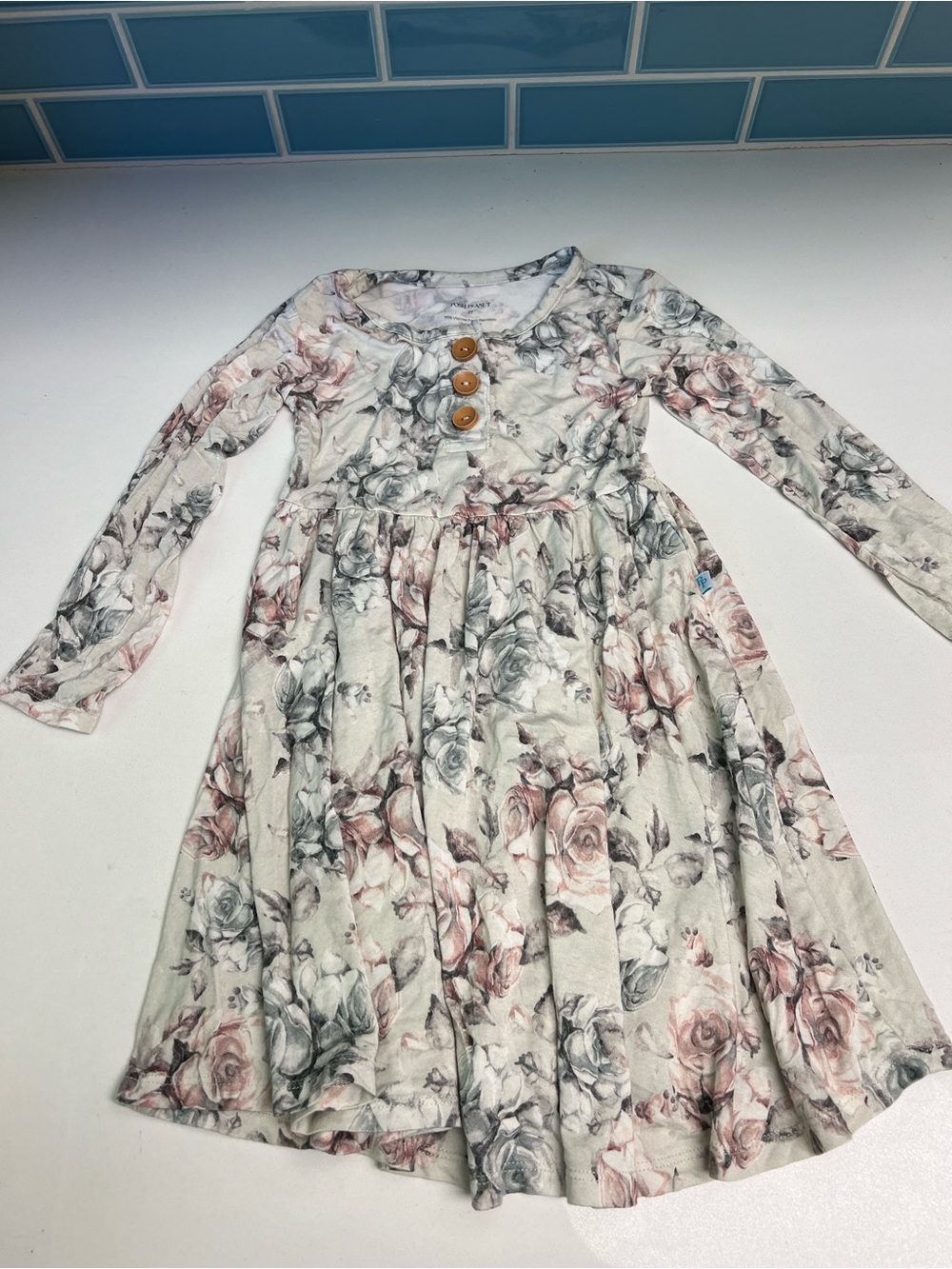 Posh Peanut Blush and Gray Floral Long Sleeve Dress